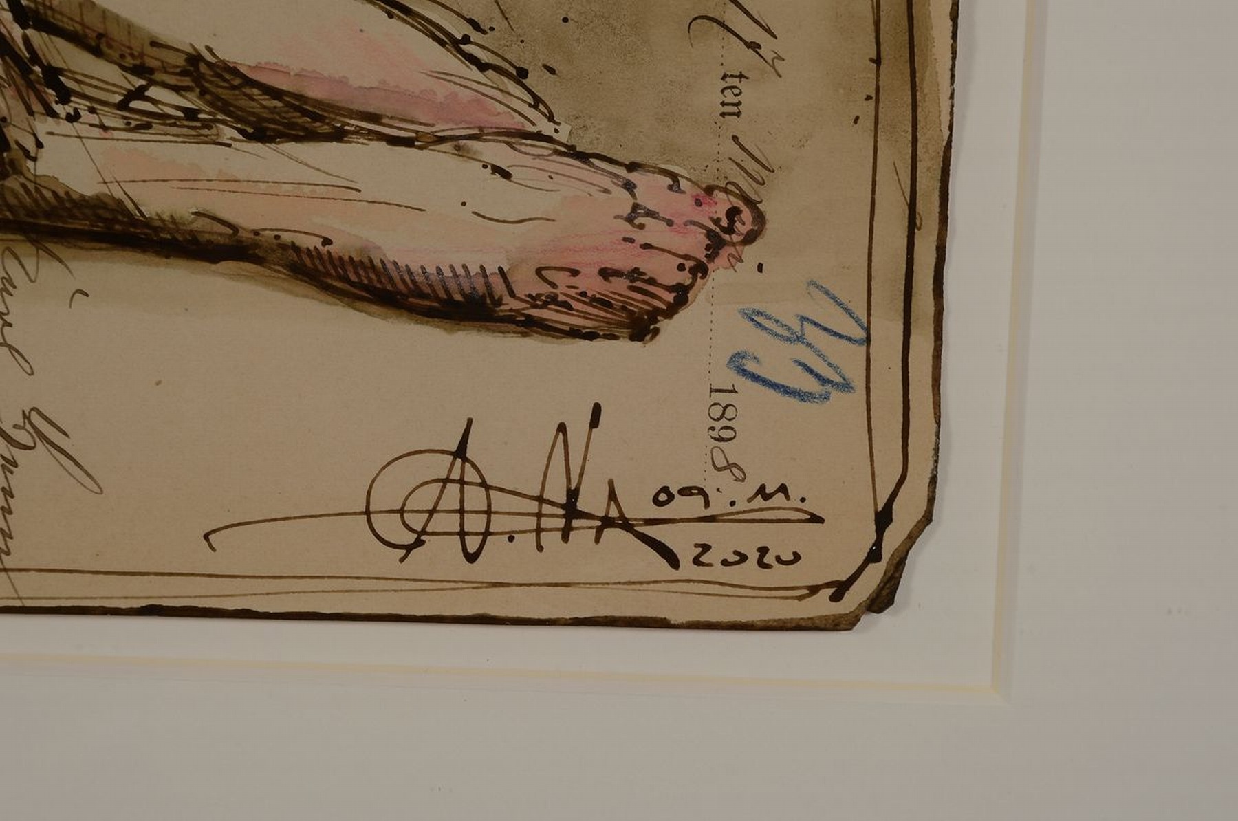 Detail l: Andreas Noßmann, geb. 1962, Federzeichnung und Aquarell und Farbstift auf original antikem Papier, Titel "Akt vor Gartür", 21 x 33 cm, ...