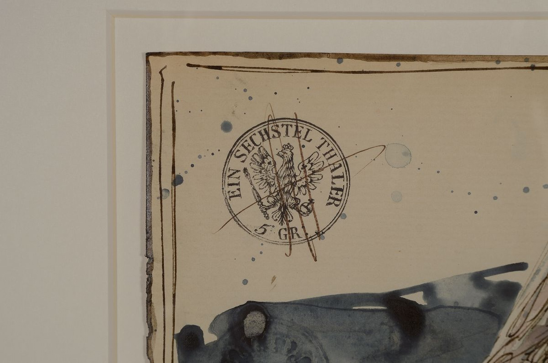 Detail a: Andreas Noßmann, geb. 1962, Federzeichnung und Aquarell und Farbstift auf original antikem Papier, Titel "vor weißer Wand", 33 x 20.5 cm, ...