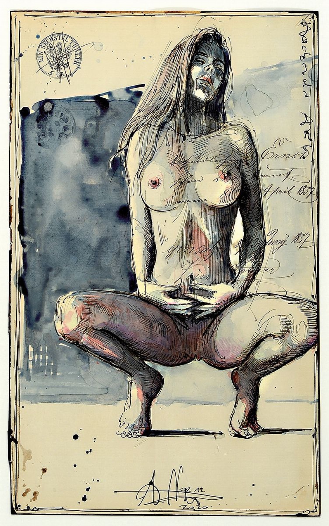 Andreas Noßmann, geb. 1962, Federzeichnung und Aquarell und Farbstift auf original antikem Papier, Titel "hockender Akt ", 33 x 20.5 cm, ...