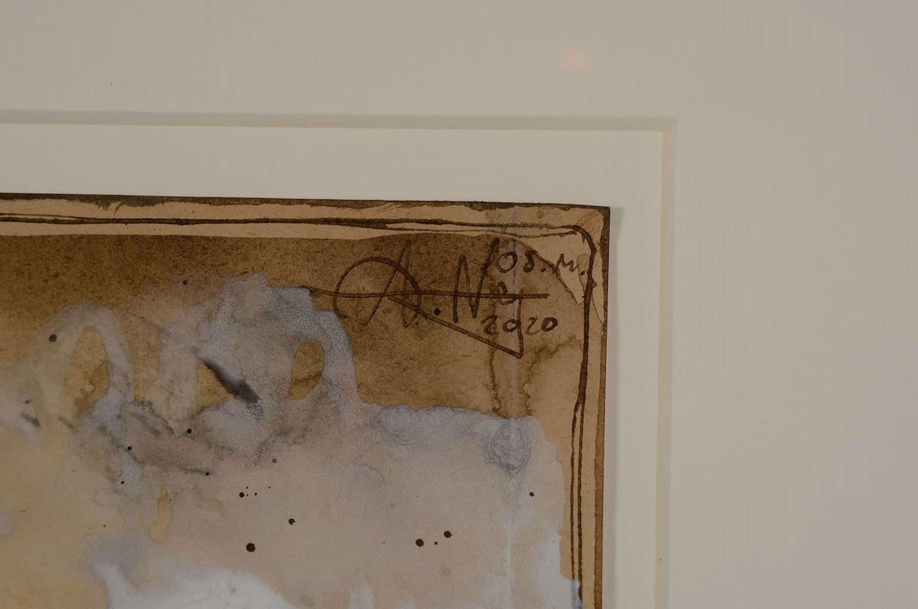 Detail a: Andreas Noßmann, geb. 1962, Federzeichnung und Aquarell und Farbstift auf original antikem Papier, Titel "hockender Akt ", 33 x 20.5 cm, ...