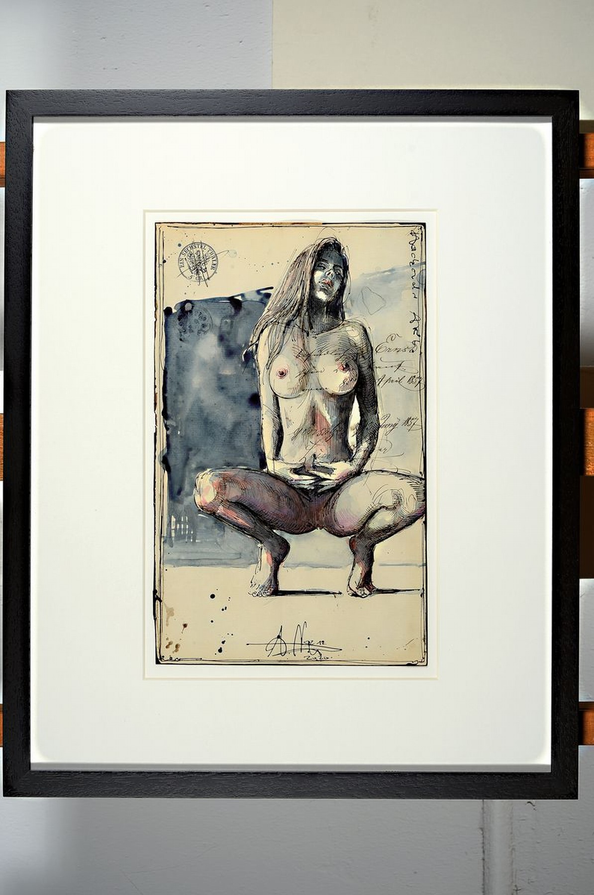 Detail k: Andreas Noßmann, geb. 1962, Federzeichnung und Aquarell und Farbstift auf original antikem Papier, Titel "hockender Akt ", 33 x 20.5 cm, ...