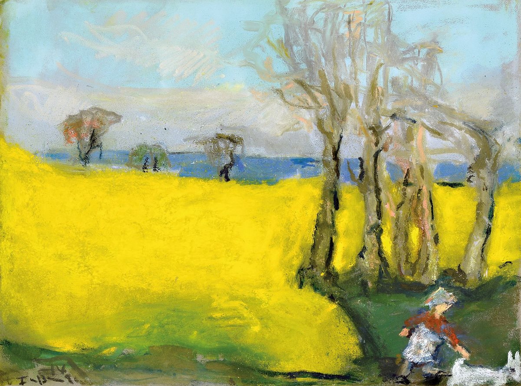 Klaus Fußmann, geb. 1938, Rapsfeld mit der Ostsee im Hintergrund, seitlich, im Vordergrund spielendes Kind mit Hund, links unten handsigniert und ...