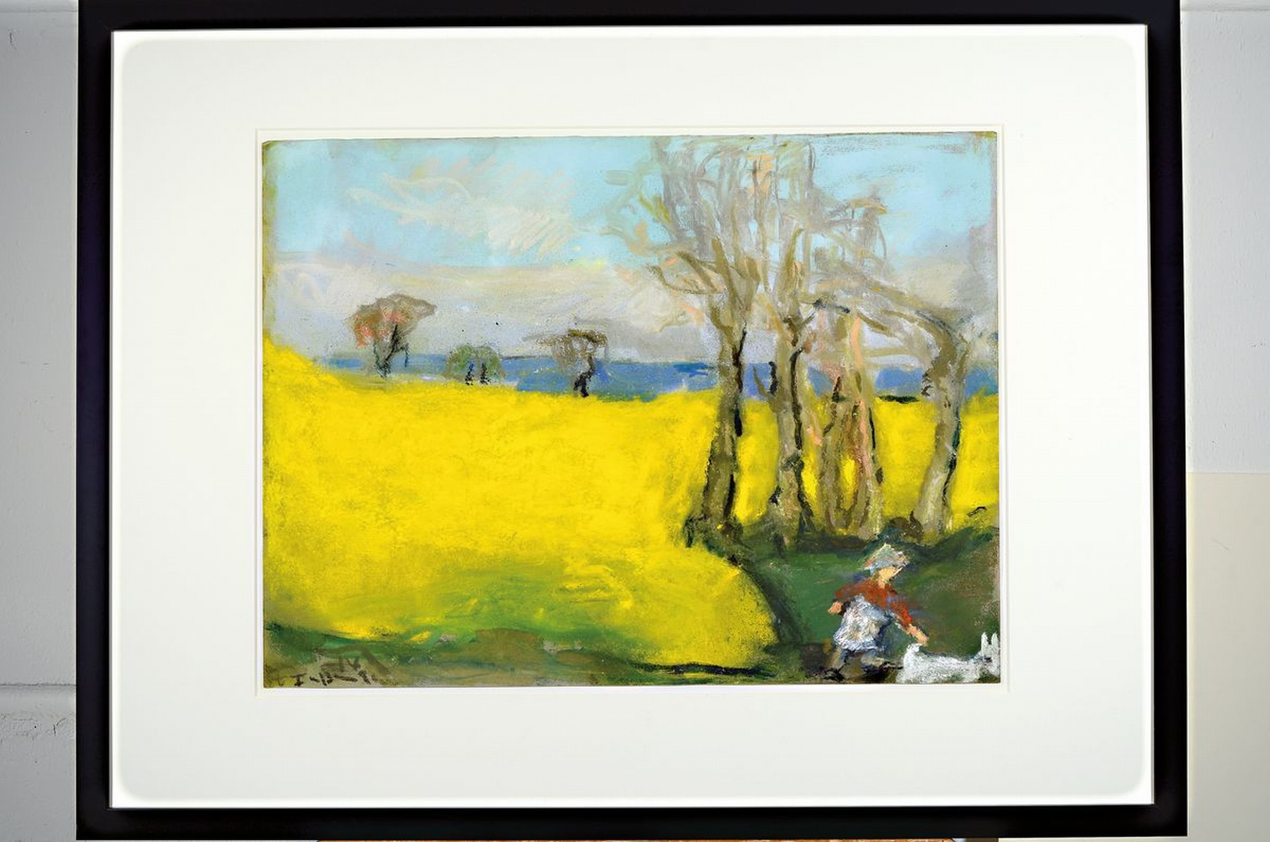 Detail k: Klaus Fußmann, geb. 1938, Rapsfeld mit der Ostsee im Hintergrund, seitlich, im Vordergrund spielendes Kind mit Hund, links unten handsigniert und ...