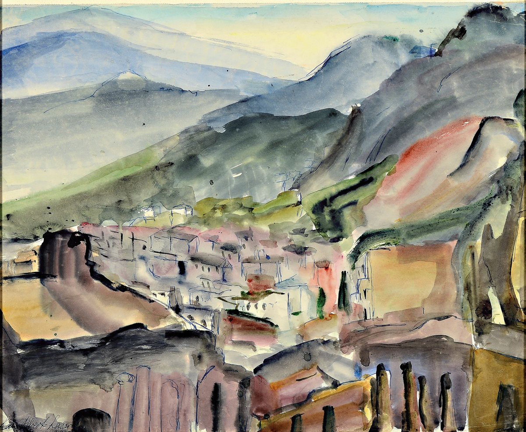 Loulou Albert-Lasard, 1885 Metz - 1969 Paris, Stadtansicht mit Bergen im Hintergrund, Aquarell/Papier, li. u. handsigniert, rückseitig dat. 1936 ...