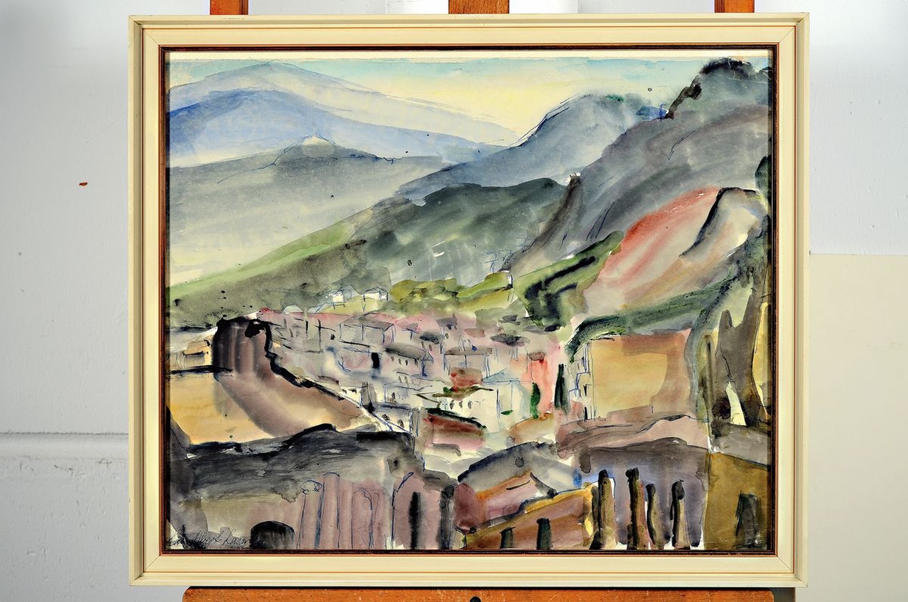 Detail k: Loulou Albert-Lasard, 1885 Metz - 1969 Paris, Stadtansicht mit Bergen im Hintergrund, Aquarell/Papier, li. u. handsigniert, rückseitig dat. 1936 ...