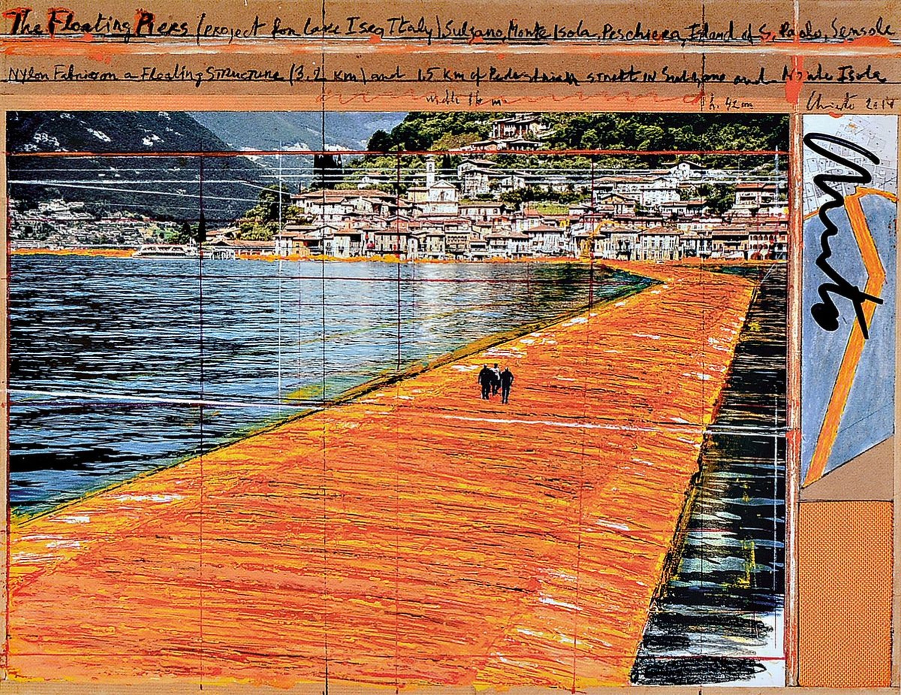 Detail b: Christo, 1935-2020, zweiteiliges Lot: a. handsigniertes Multiple vom Projekt "The Floating Piers", unter Glas, Rahmen b. riesiges original ...