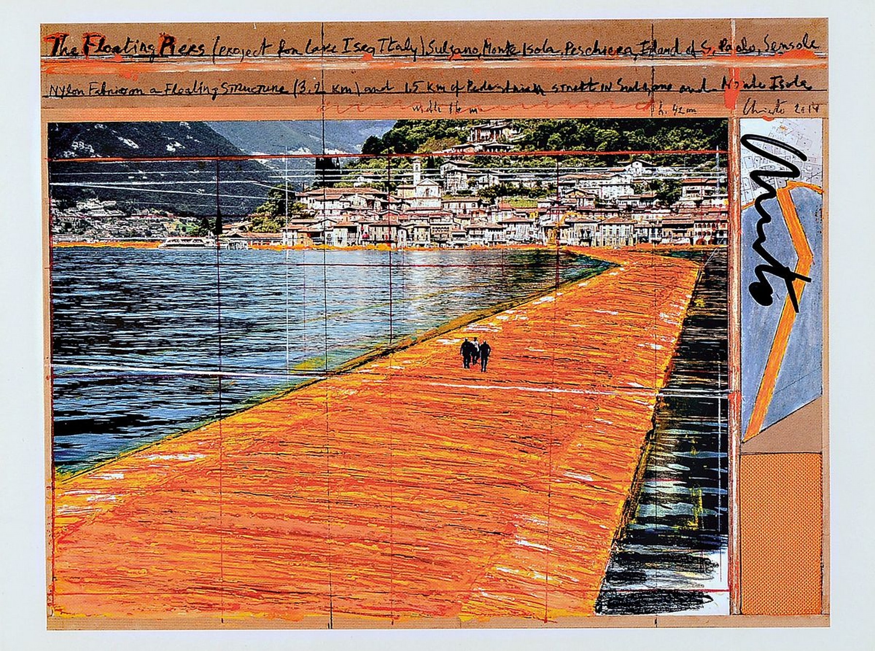 Detail c: Christo, 1935-2020, zweiteiliges Lot: a. handsigniertes Multiple vom Projekt "The Floating Piers", unter Glas, Rahmen b. riesiges original ...