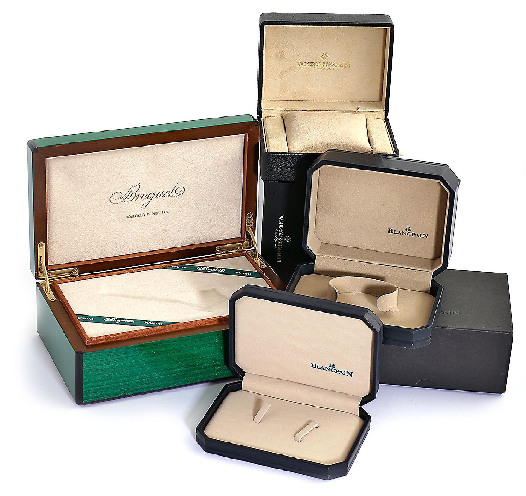Konvolut: 4 Uhren-Etuis, davon 2 Blancpain, 1 Vacheron Constantin & 1 hochwertige Breguet Holzbox, Schweiz um 1990, alle m. Umkarton, in gutem ...