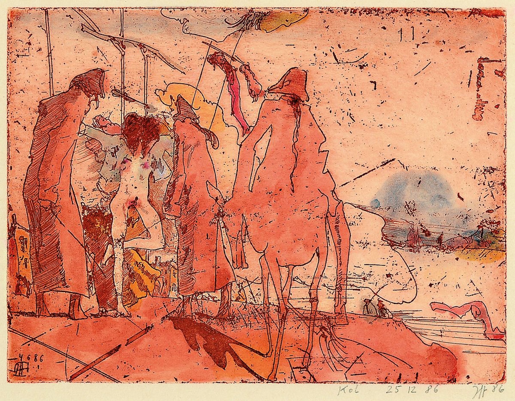 Horst Janssen, 1929-1995, Aquarell über Radierung auf Japanbütten, handsigniert re. u. und dat. (19)86, zusätzlich ist die Radierung mit Datum der ...