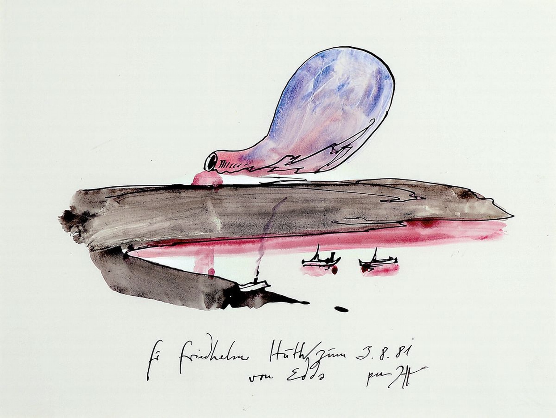Horst Janssen, 1929 - 1995, Aquarell auf Papier, norwegische Küstenlandschaft mit Booten, handsigniert, dat. 3.8.1981, Passepartout ca. 21 x 28 cm, ...