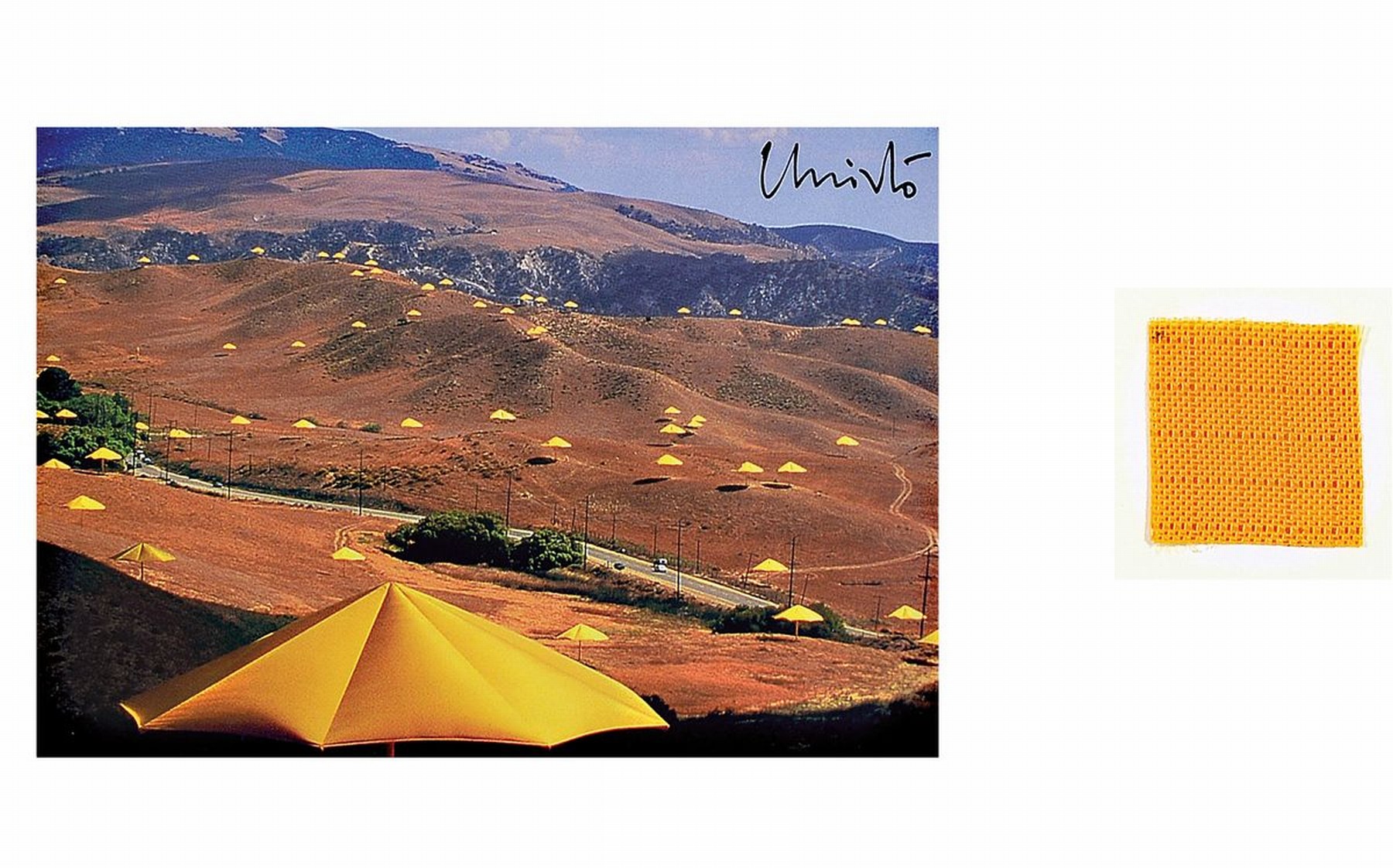 Christo, 1935 - 2020, Lot aus zwei Teilen: a. Multiple "Umbrellas" 1991, handsigniert, 26.5 x 32.5 cm gesamt b. kleines original ...