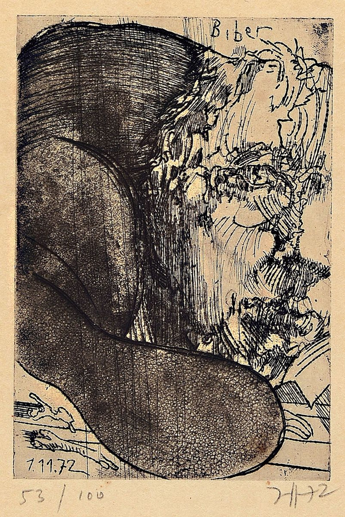 Horst Janssen, 1929 - 1995, Radierung, "Selbstporträt Biber", handsigniert, num. 53/100, dat. 1.11.1972, Blattgr. 30.8 x 23.8 cm, Rahmen ...