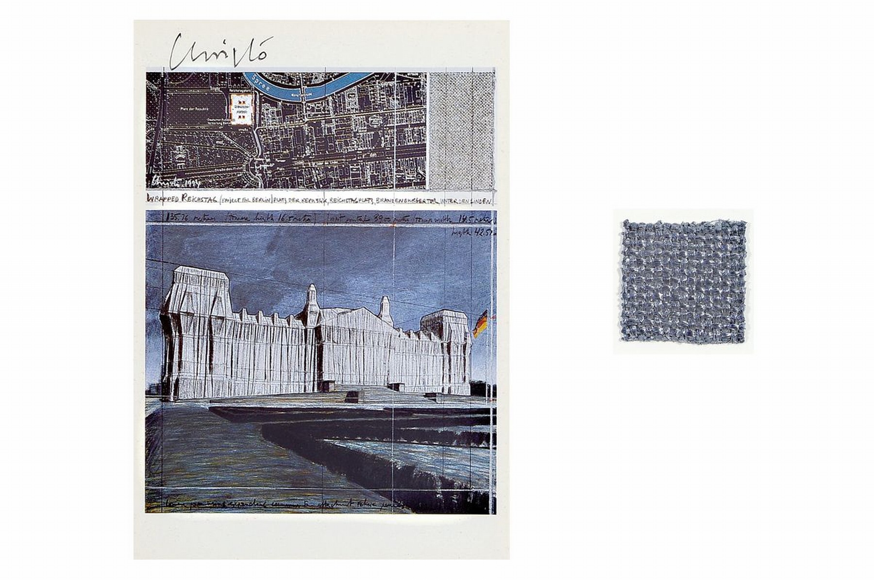 Christo, 1935-2000, Lot aus zwei Teilen: a. Multiple "Reichstag", handsigniert , Rahmen: 32.5 x 26.5 cm, b. original Stoffstück aus dem ...