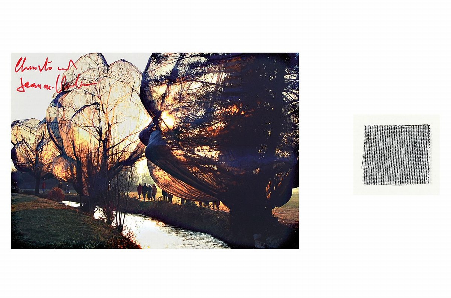 Christo, 1935-2000, Lot aus zwei Teilen: a. Multiple "Wrapped Trees", handsigniert , Rahmen: 26.5 x 32.5 cm, b. original Stoffstück aus ...