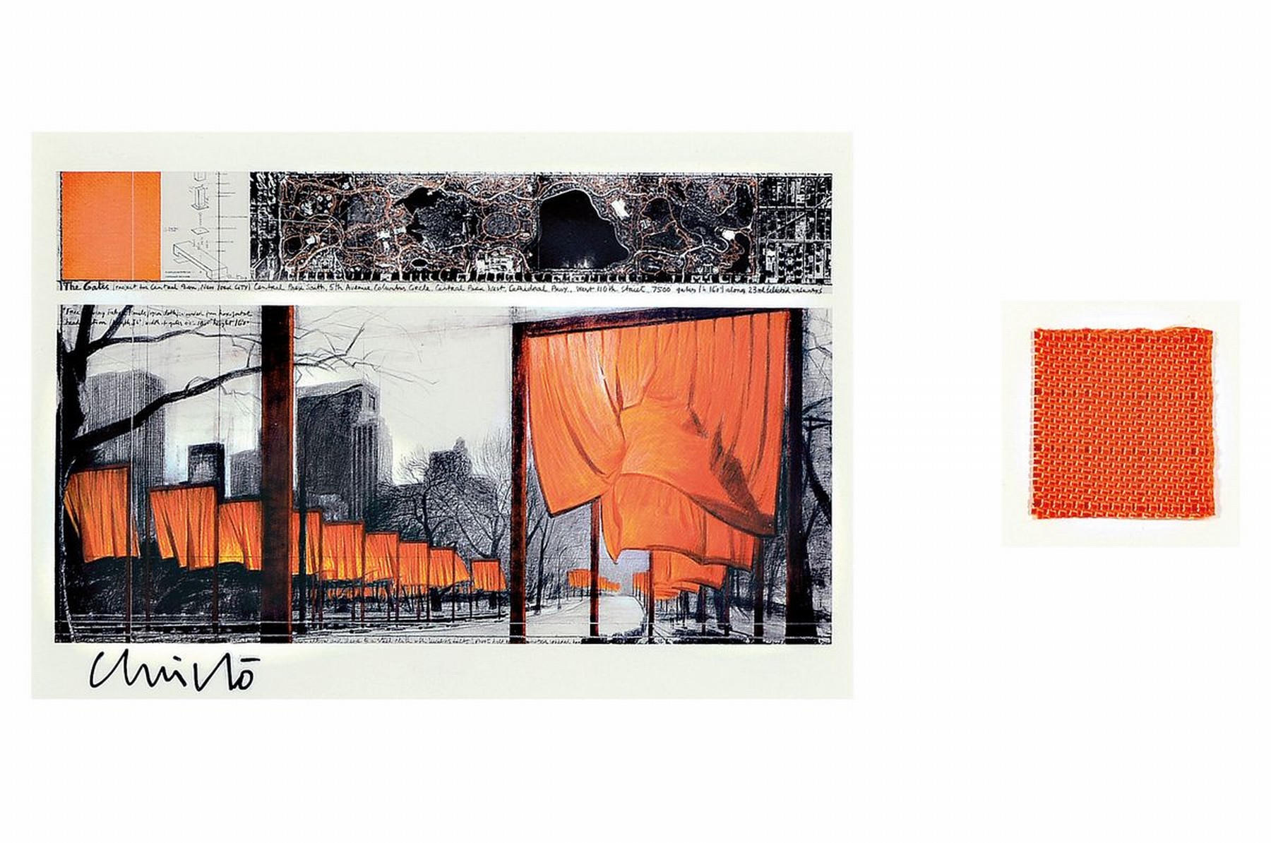 Christo, 1935-2000, Lot aus zwei Teilen: a. Multiple "The Gates" handsigniert , Rahmen: 26.5 x 32.5 cm, b. original Stoffstück aus dem ...