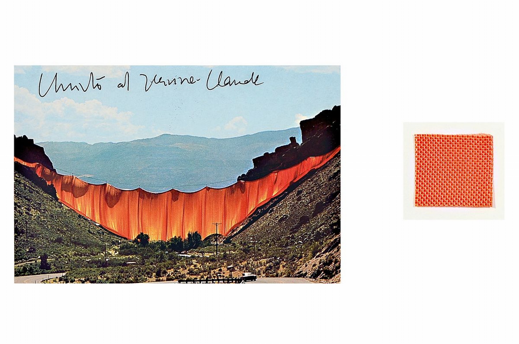 Christo, 1935-2000, Lot aus zwei Teilen: a. Multiple "Valley Curtain", handsigniert , Rahmen: 26.5 x 32.5 cm, b. original Stoffstück aus ...