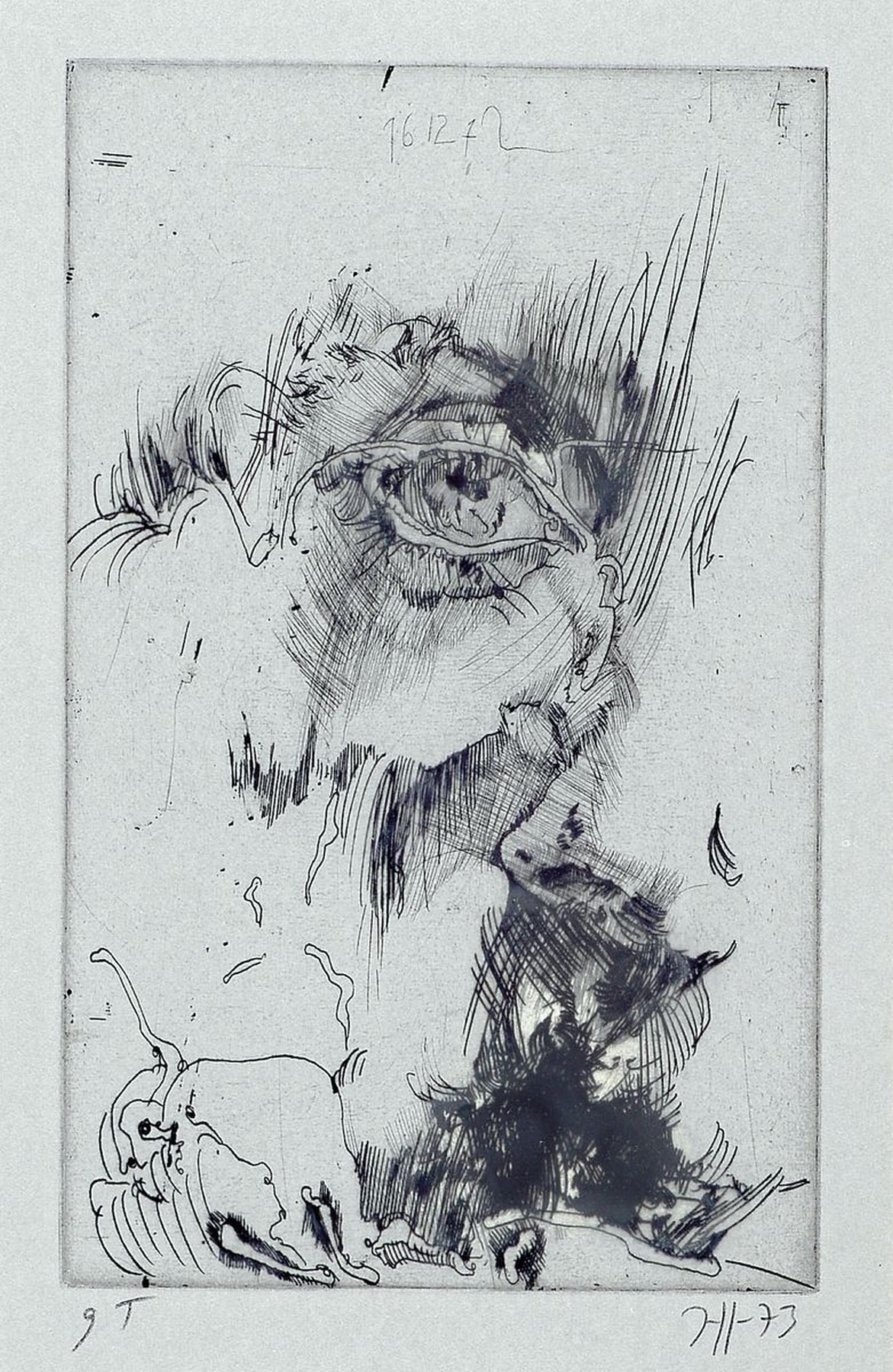 Hort Janssen, 1929 - 1995, Radierung auf Velin, Selbstporträt, aus der Radierfolge "Hannes Tod", aus 1972/73, handsigniert, Auflage 90, ...