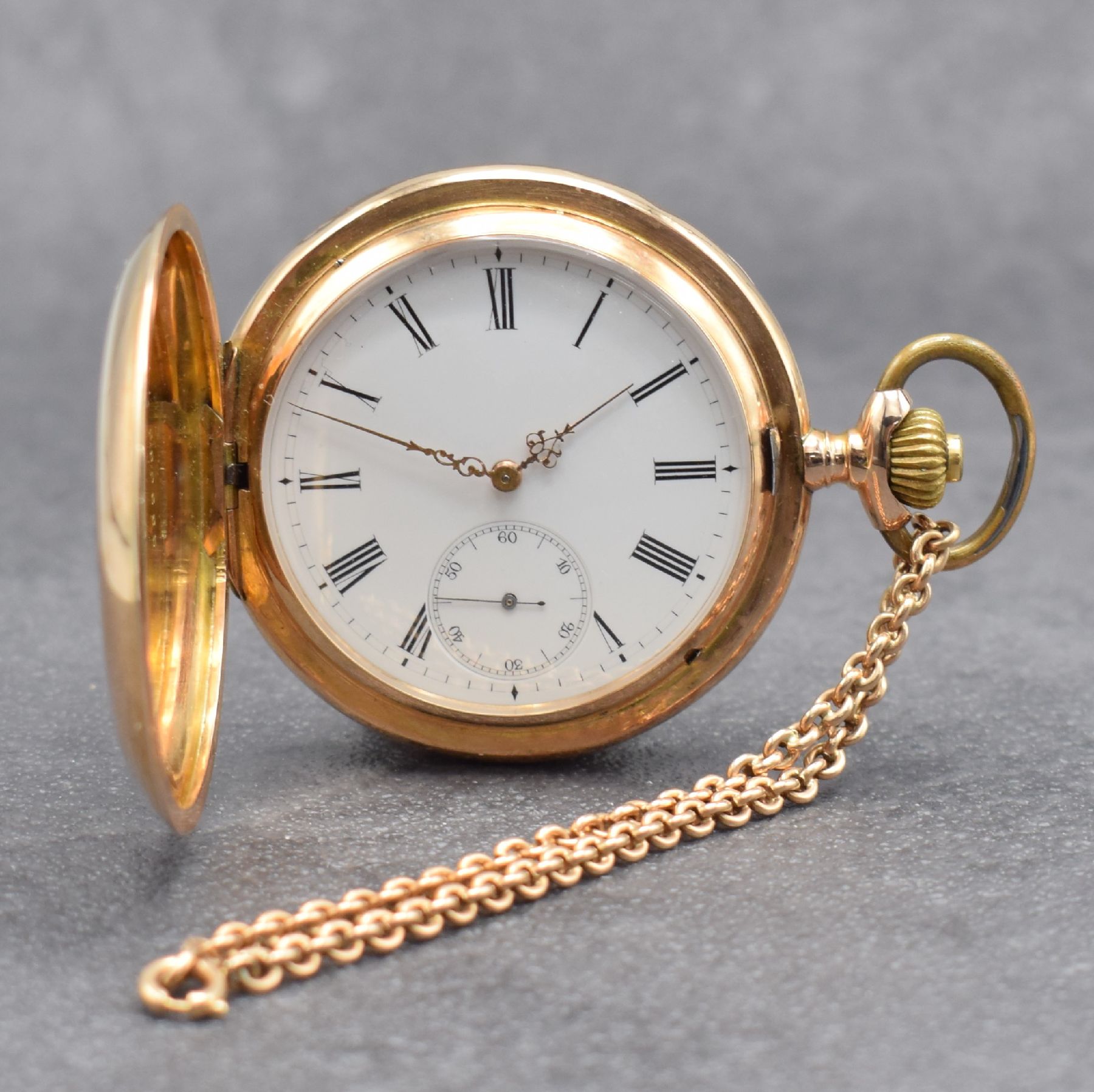 IWC Savonette Herrentaschenuhr in RG 585/000 mit RG 585/000 Kette, Schweiz um 1900, guill. 2-Deckel Goldgeh. dell./ber, Sprungdeckel m. ...