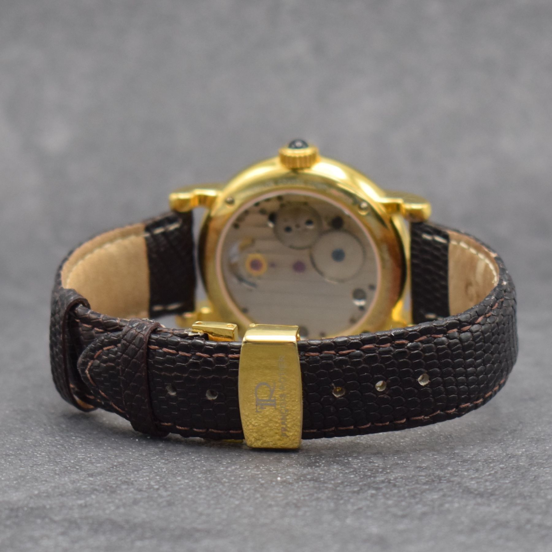 Detail b: FRANCOIS ROTIER Herrenarmbanduhr mit Tourbillon, um 2010, Handaufzug, verg., beids. vergl. Stahlgeh., Boden 4-fach verschr., schwarzes ...