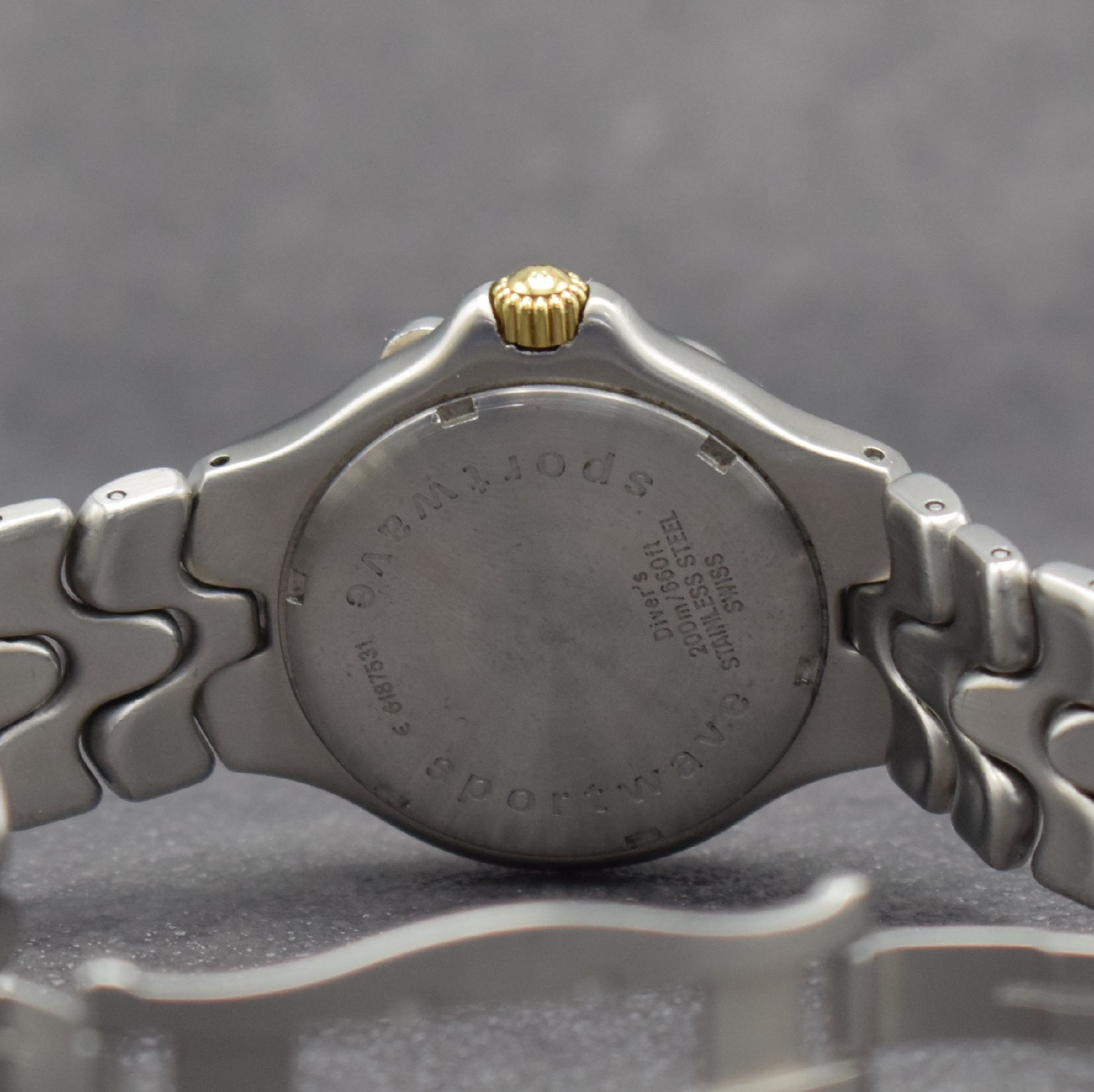 Detail f: EBEL Sportwave Armbanduhr, quarz, Ref. 6187531, verschr. Geh. in Stahl inkl. Gliederband. m. dopp. Faltschl., Reiter der Lünette & Krone in Gold, ...