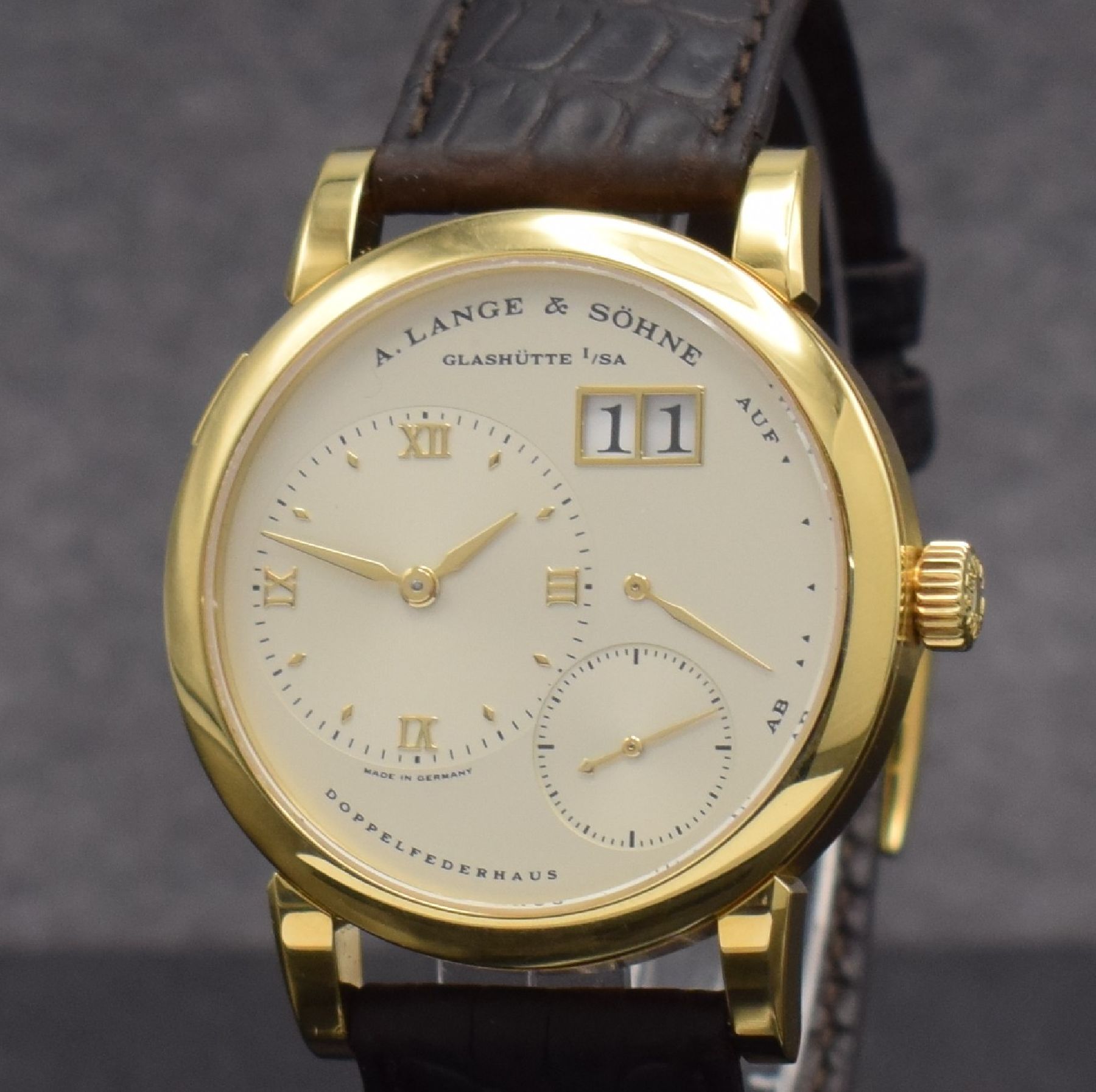 Detail c: A. LANGE & SÖHNE "Lange 1" Referenz 101.021 feine Herrenarmbanduhr in GG 750/000, Deutschland um 1998, Handaufzug, massives beids. vergl. ...