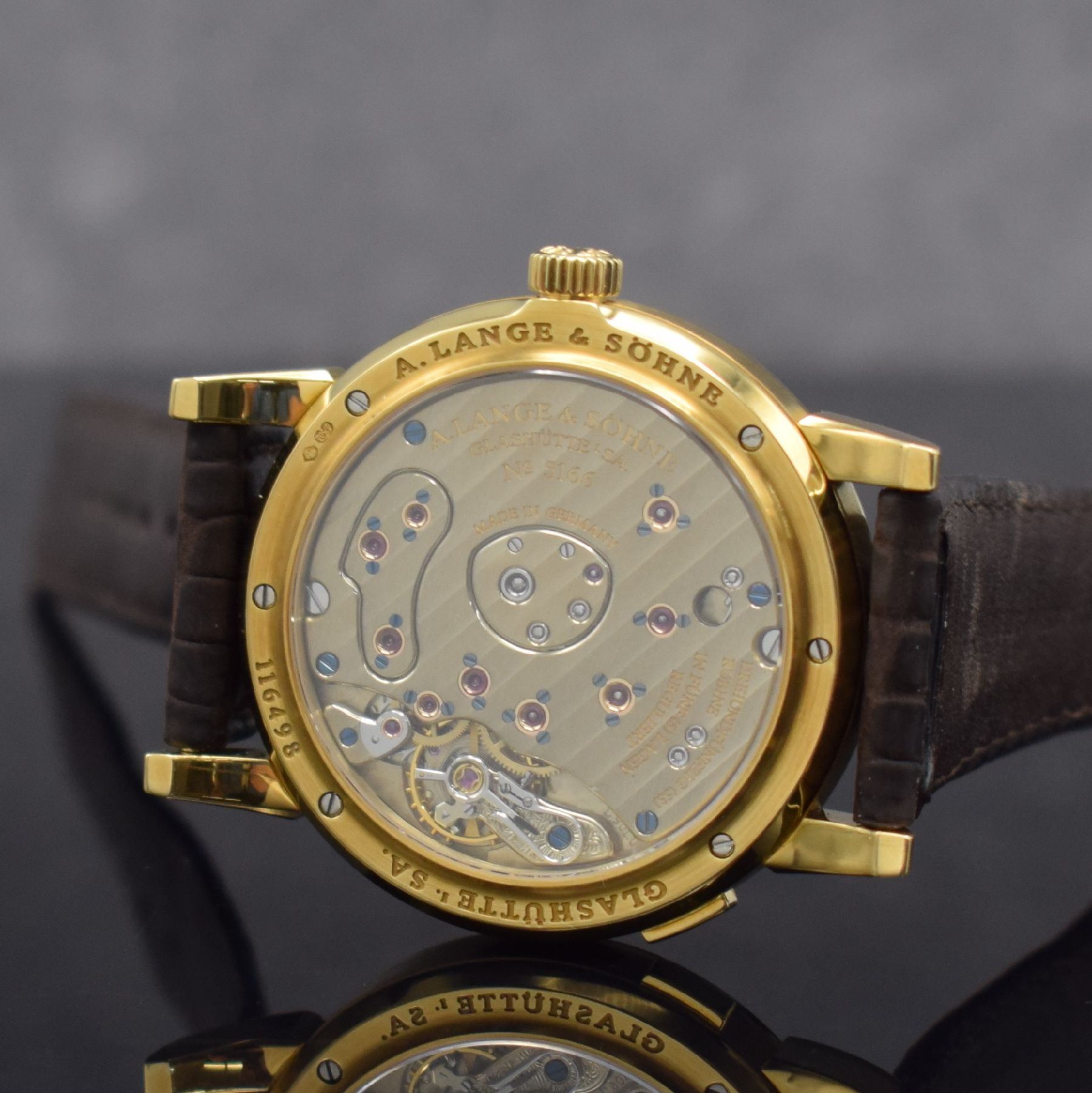 Detail h: A. LANGE & SÖHNE "Lange 1" Referenz 101.021 feine Herrenarmbanduhr in GG 750/000, Deutschland um 1998, Handaufzug, massives beids. vergl. ...
