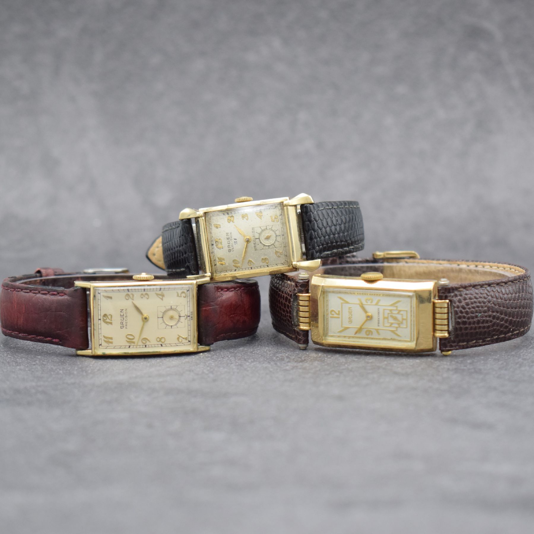 Konvolut: 3 GRUEN Armbanduhren, alle Handaufzug, Ende 1940er Jahre, alle GG- Filled-Geh., 1 x Very Thin Precision Herrenarmbanduhr, Zifferbl. ...