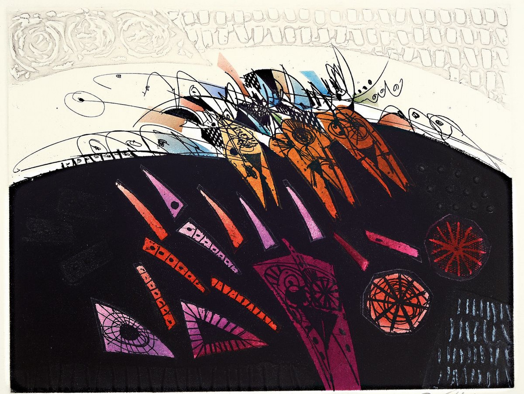 Georges Dussau, geb. 1947, "Variation II", Farbradierung, sign., num. 67/99, Platte ca. 24,5x32 cm, gesamt ca. 46x56 cm