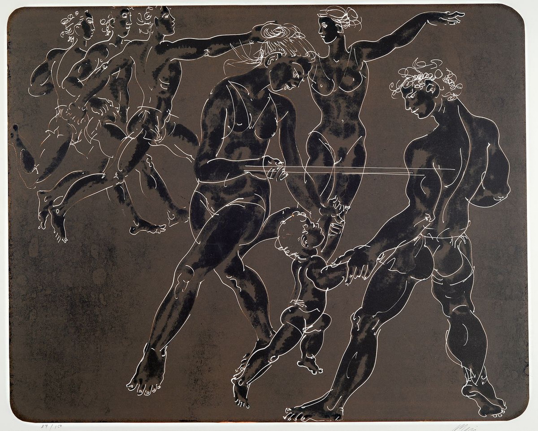 Hans Erni , 1909-2015, Gymnasten auf Braunem Grund, Lithografie, sign., num. 84/150, gesamt ca. 60x80 cm