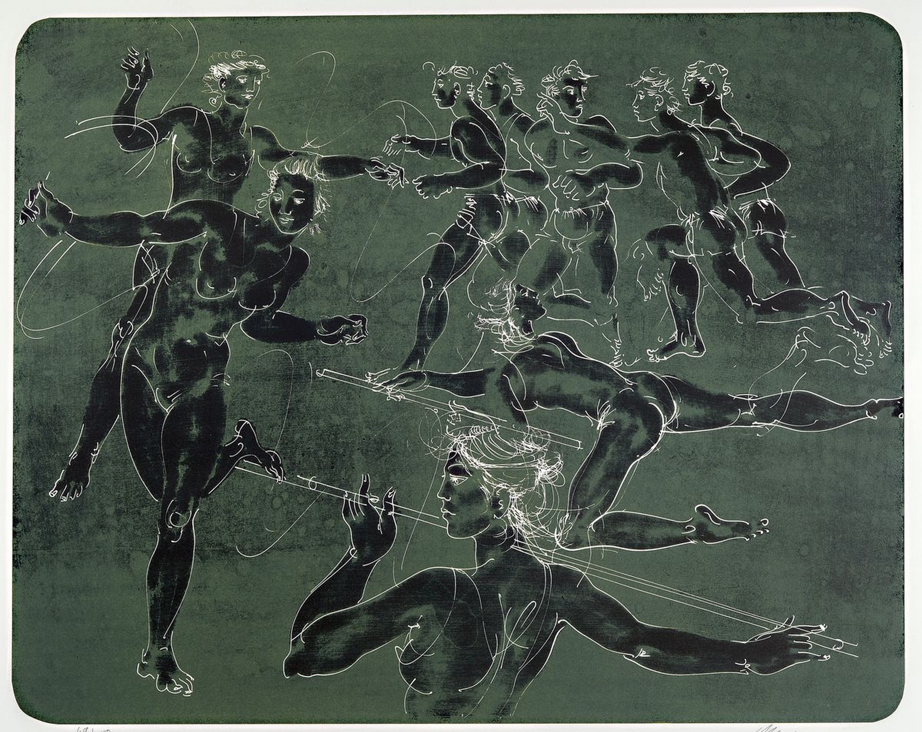Hans Erni , 1909-2015, Gymnasten auf Grünem Hintergrund, Lithografie, sign., num. 69/150, Bild ca. 60x80 cm, mit Hülle ca. 82x65 cm
