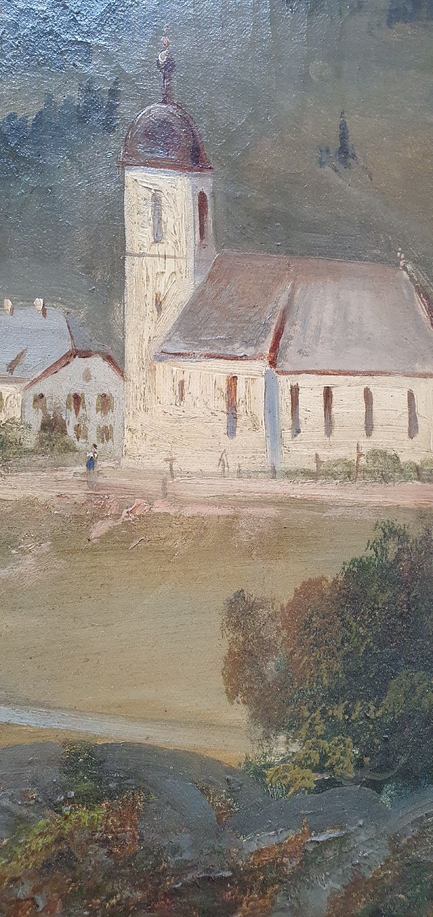 Detail c: Friedrich Zahn, 1826 Frauenchiemsee-1899 München, Berglandschaft mit Kapelle, Häusern und Wanderer, Öl/Lwd, links unten signiert und dat. 94, ca. ...