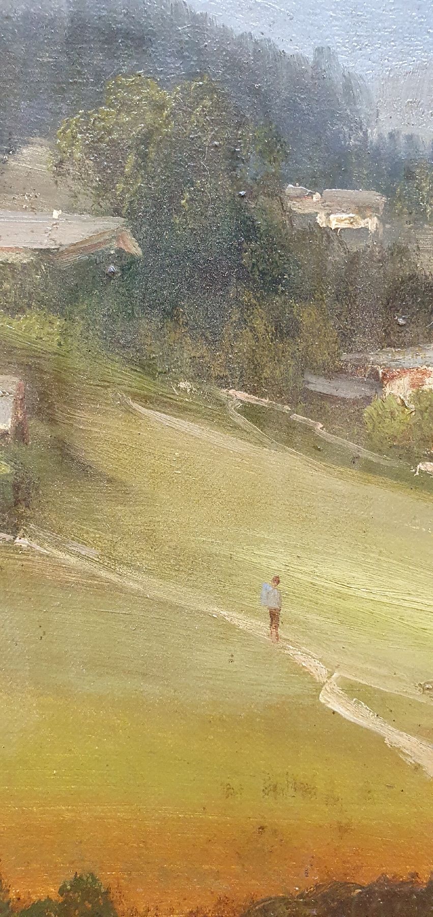 Detail d: Friedrich Zahn, 1826 Frauenchiemsee-1899 München, Berglandschaft mit Kapelle, Häusern und Wanderer, Öl/Lwd, links unten signiert und dat. 94, ca. ...
