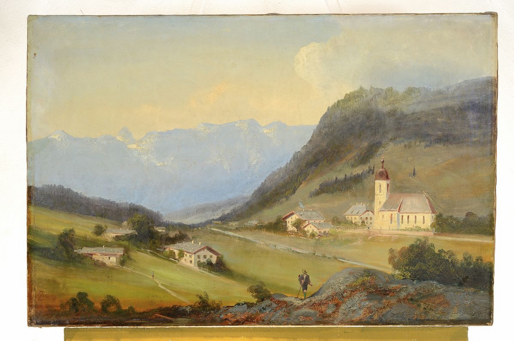 Detail k: Friedrich Zahn, 1826 Frauenchiemsee-1899 München, Berglandschaft mit Kapelle, Häusern und Wanderer, Öl/Lwd, links unten signiert und dat. 94, ca. ...