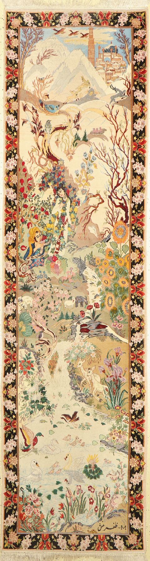 Esfahan fein,Signiert, (Zafarmanesch),Persien, ca. 50 Jahre, Korkwolle mit und auf Seide, ca. 303 x 81 cm, ca. 1,0 Mio. Kn/qm,(verschmutzt)