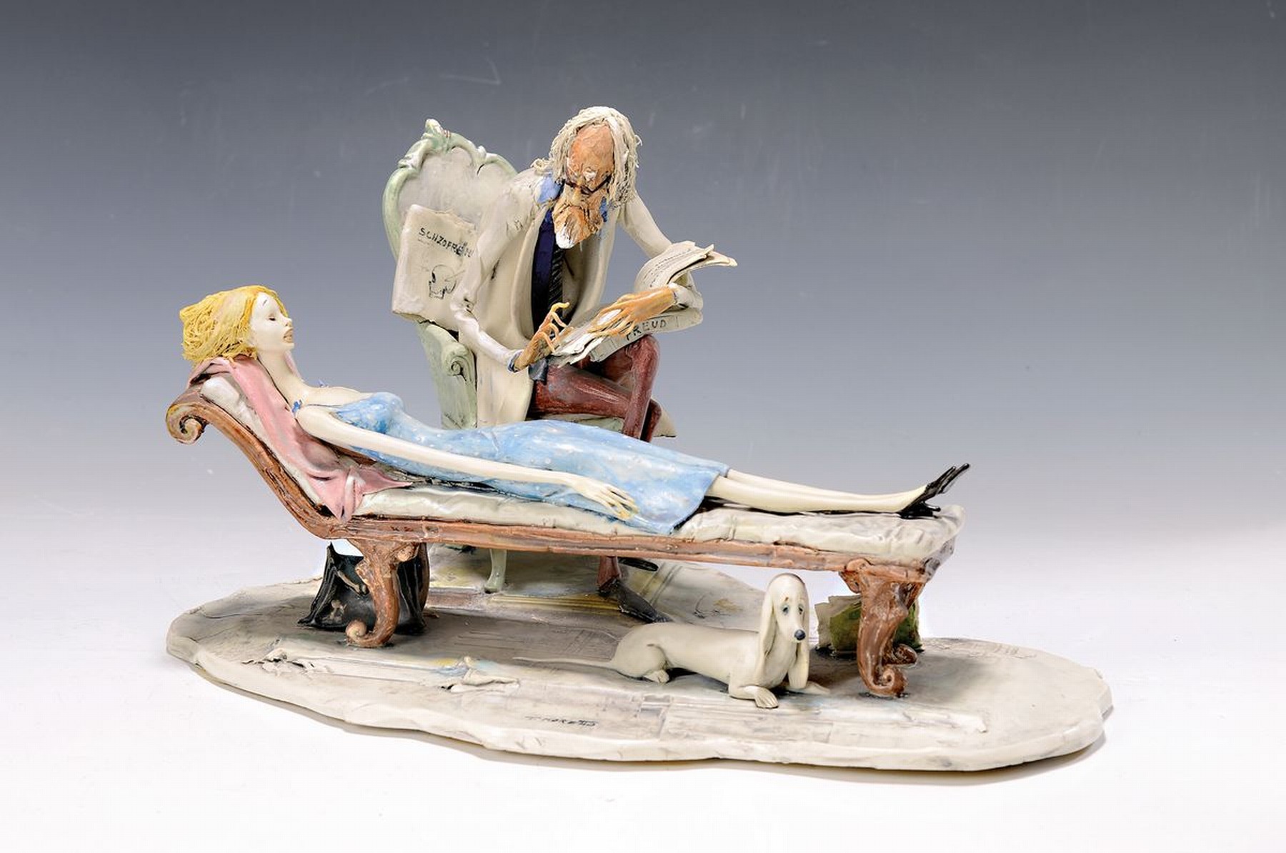 Toni Moretto, 1929 Monticello Conte Otto - 2011 Venedig, große Keramiksulptur, "beim Psychiater", handbemalt, am Sockel signiert, skurrile ...