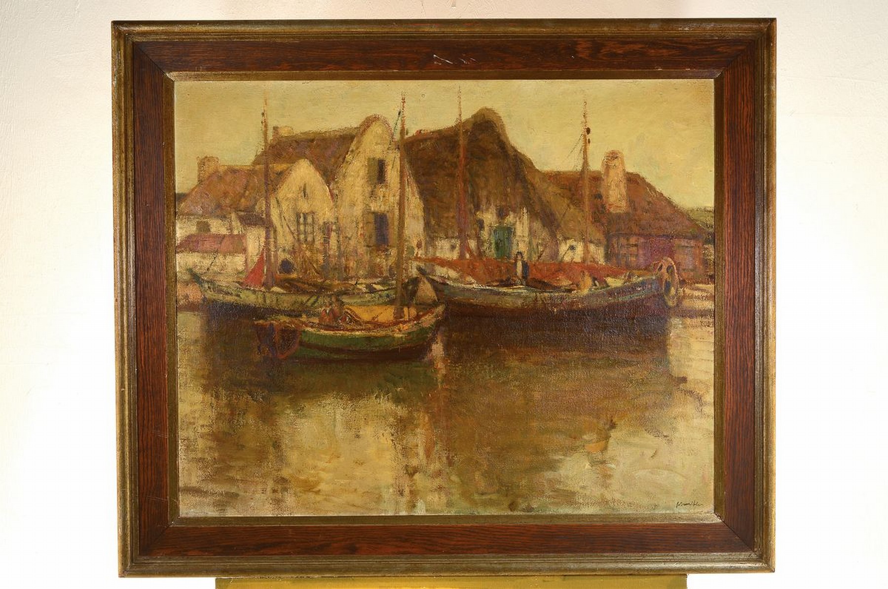 Detail k: Richard Schreiber, 1904 Hindenburg - 1963 Düsseldorf, Hafenansicht mit Schiffen, Öl/Lwd, signiert, Reinigung empfohlen, 74 90 cm, Rahmen
