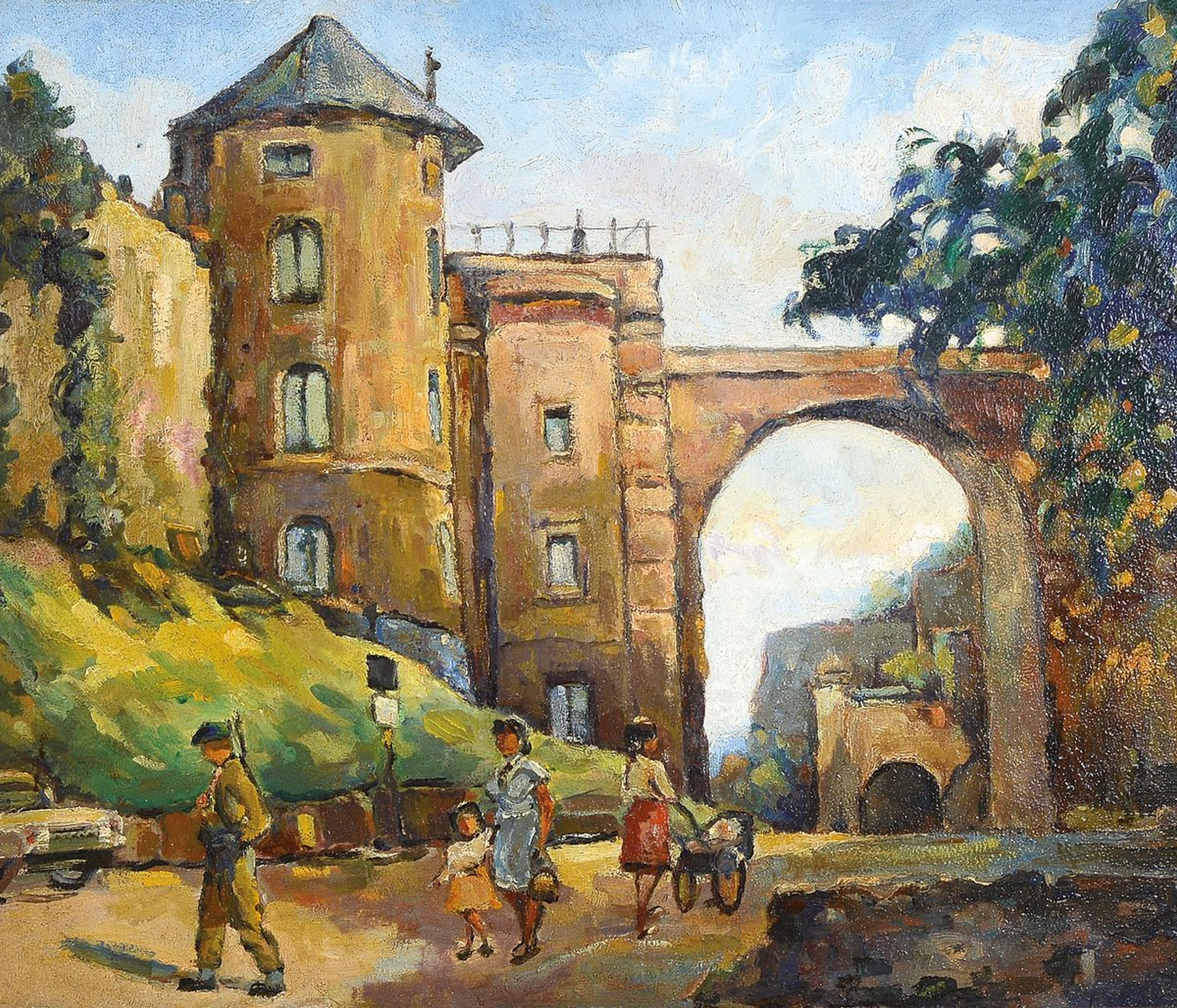 Willi Holtmann, 1900 Duisburg - 1984 Wiesbaden, Ansicht von Wiesbaden mit Spaziergängern, Öl/Malkarton, 45 x 55 cm, Alters- und Gebr.spuren, ...