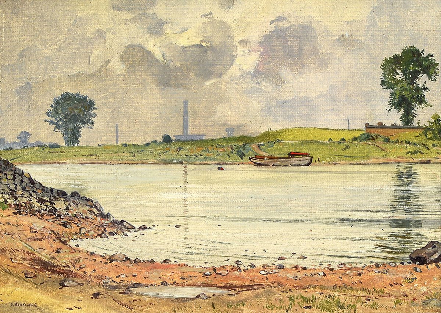 Franz Josef Blaschke, 1916 - 1984 Köln, Köln gegenüber Stammheim mit Blick auf das Fordwerk, Öl/Karton, 16 x 21 cm, Rahmen