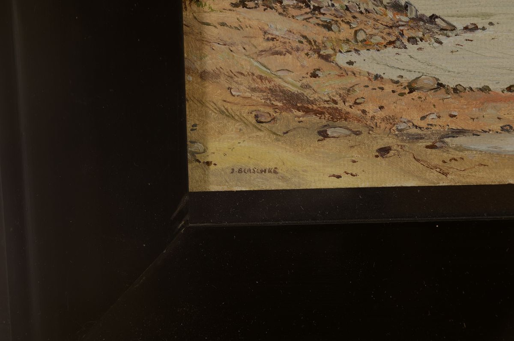 Detail a: Franz Josef Blaschke, 1916 - 1984 Köln, Köln gegenüber Stammheim mit Blick auf das Fordwerk, Öl/Karton, 16 x 21 cm, Rahmen