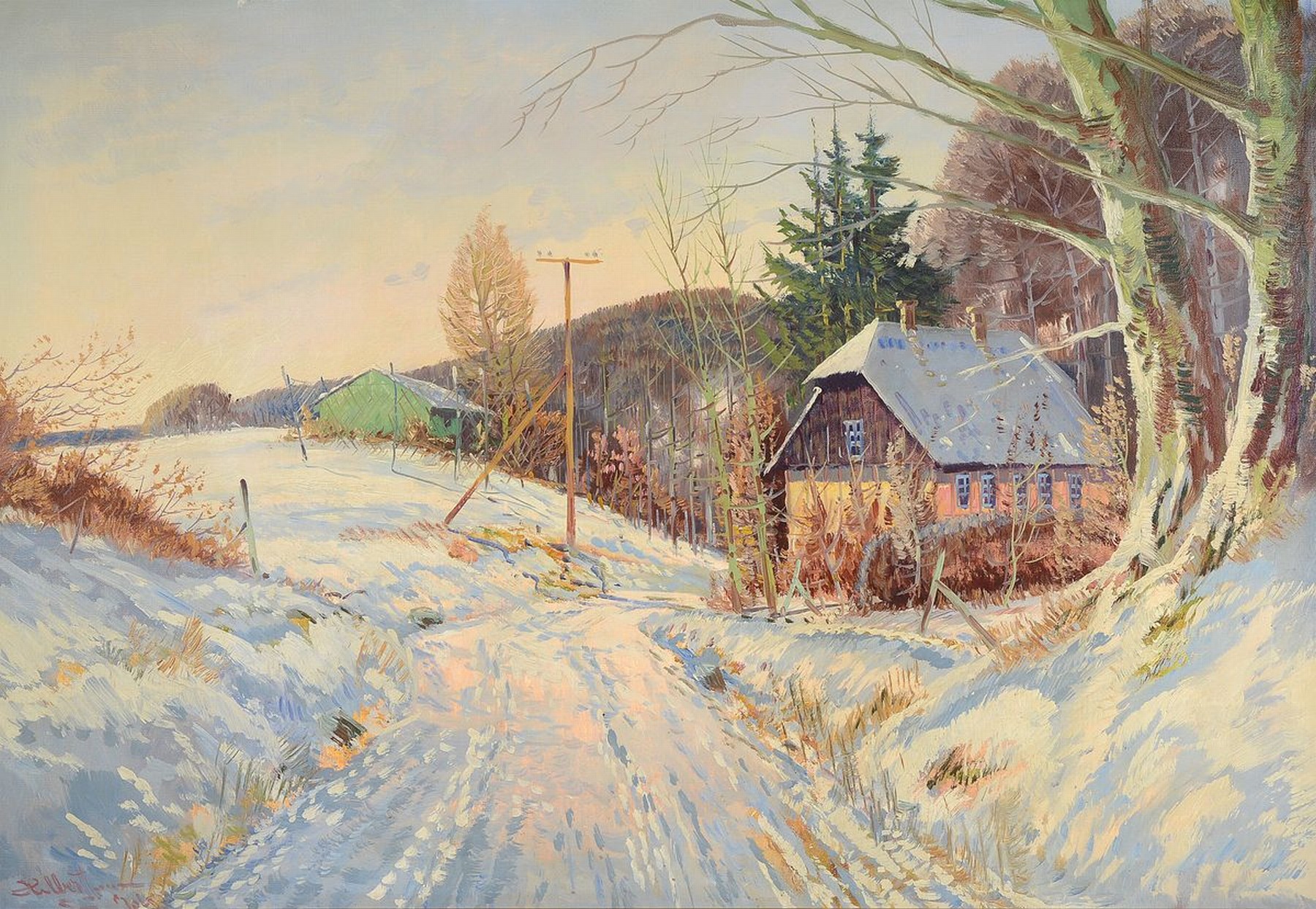 Hilbert Jensen, dänischer Landschaftsmaler, geb. 1911, Winterlandschaft, Öl/Lwd, lebendige Darstellung des Schnees, li. u. signiert und dat. 1969, ...