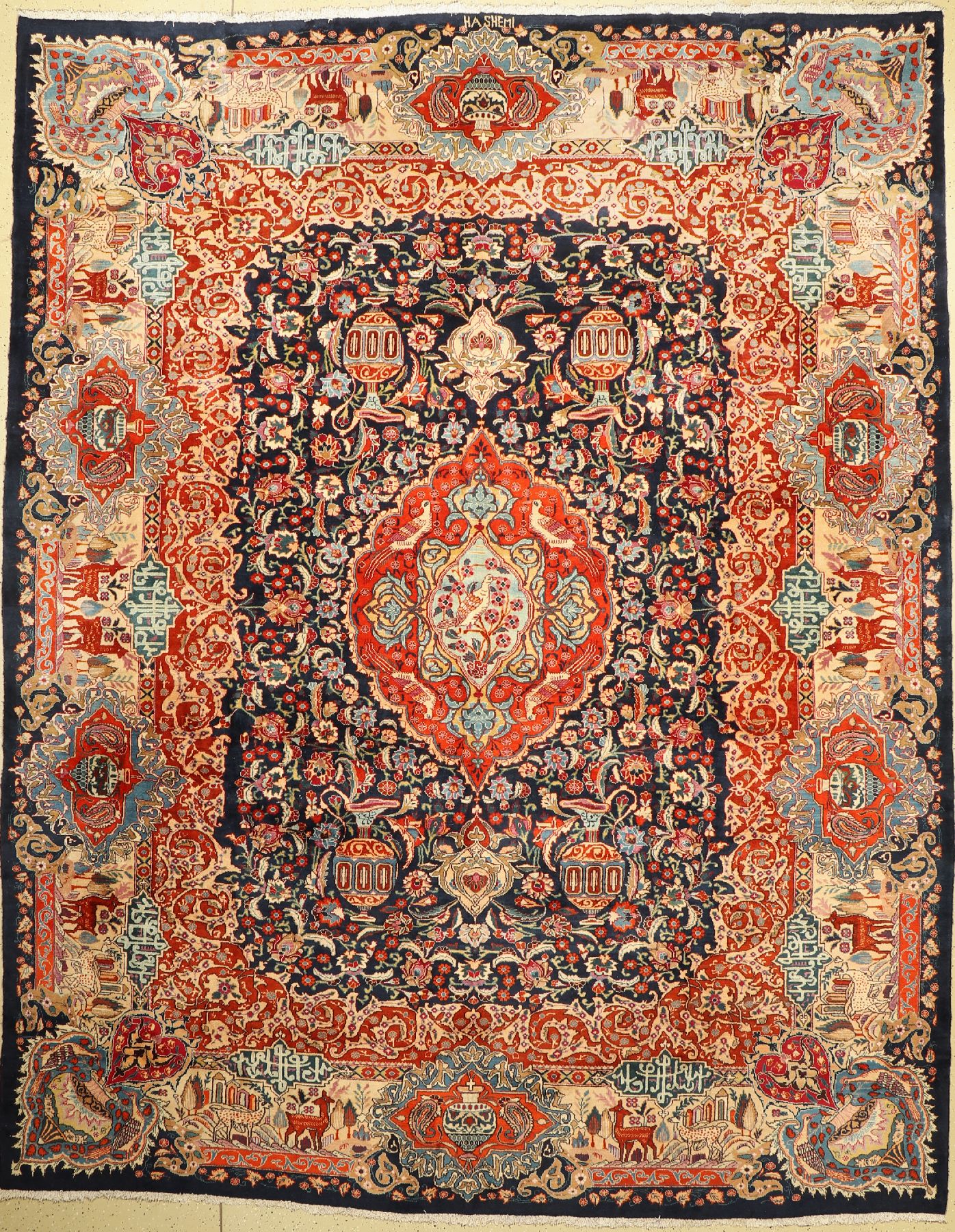 Kaschmar alt, Persien, ca. 60 Jahre, auf Baumwolle,ca. 380 x 297 cm,guter Zustand Mottenfraß nur Rückseitig.