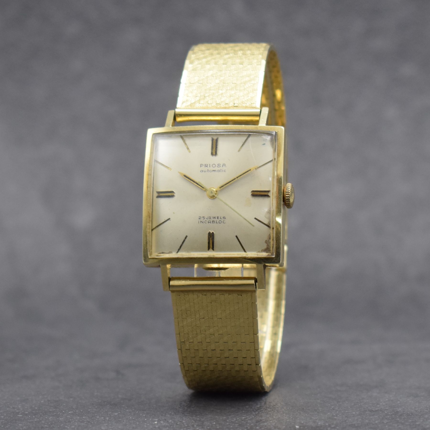 Detail b: PRIOSA Herrenarmbanduhr in GG 585/000, Schweiz um 1965, Automatik, Boden aufgedr., Goldband in GG 585/000 später, silb. Zifferbl. korr., gold. ...