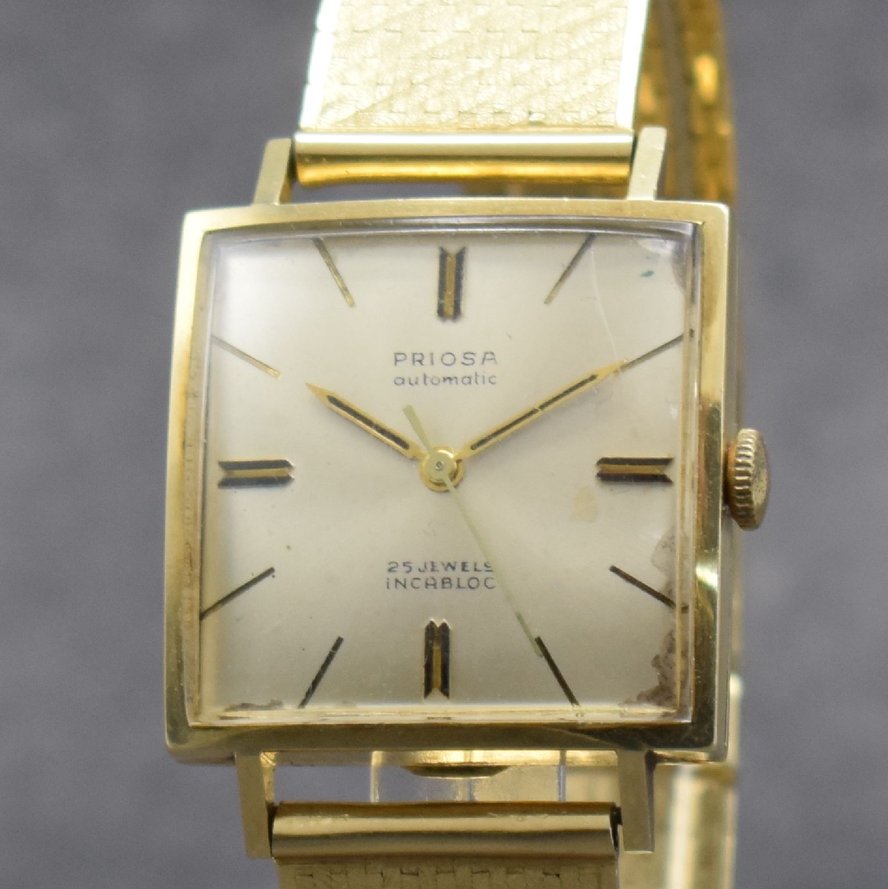Detail c: PRIOSA Herrenarmbanduhr in GG 585/000, Schweiz um 1965, Automatik, Boden aufgedr., Goldband in GG 585/000 später, silb. Zifferbl. korr., gold. ...