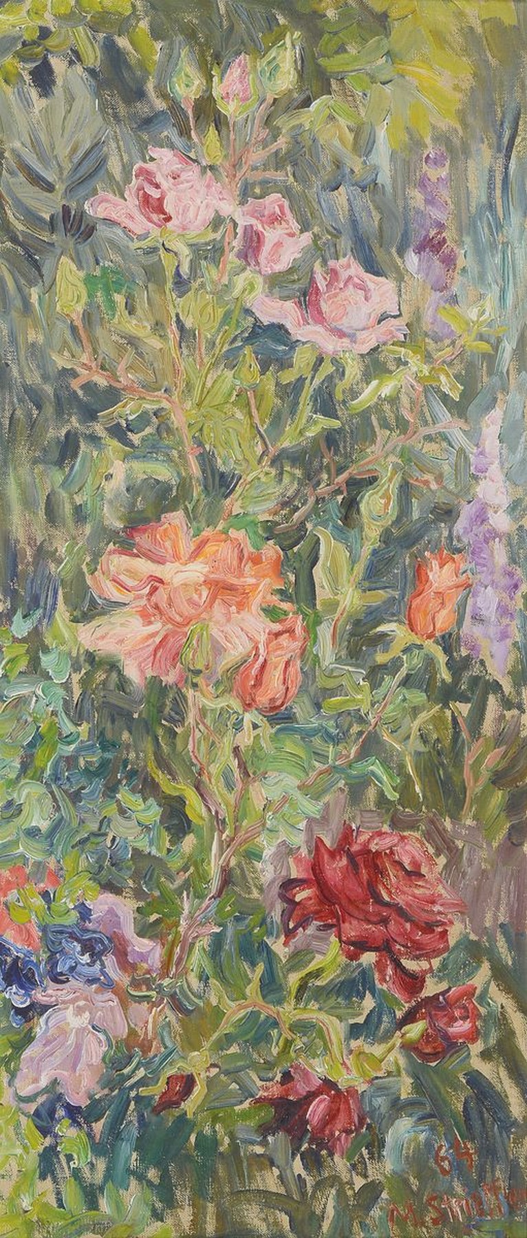 Marie Strieffler, 1917-1987 Landau, Blumenstillleben, Öl/Hartfaser, rechts unten signiert und dat. 64, ca. 74x32cm, R. ca. 80x 38cm