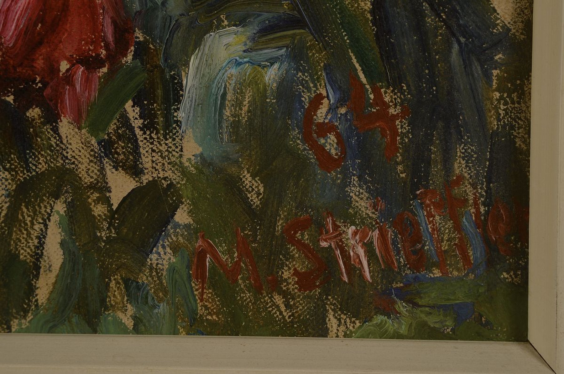 Detail a: Marie Strieffler, 1917-1987 Landau, Blumenstillleben, Öl/Hartfaser, rechts unten signiert und dat. 64, ca. 74x32cm, R. ca. 80x 38cm