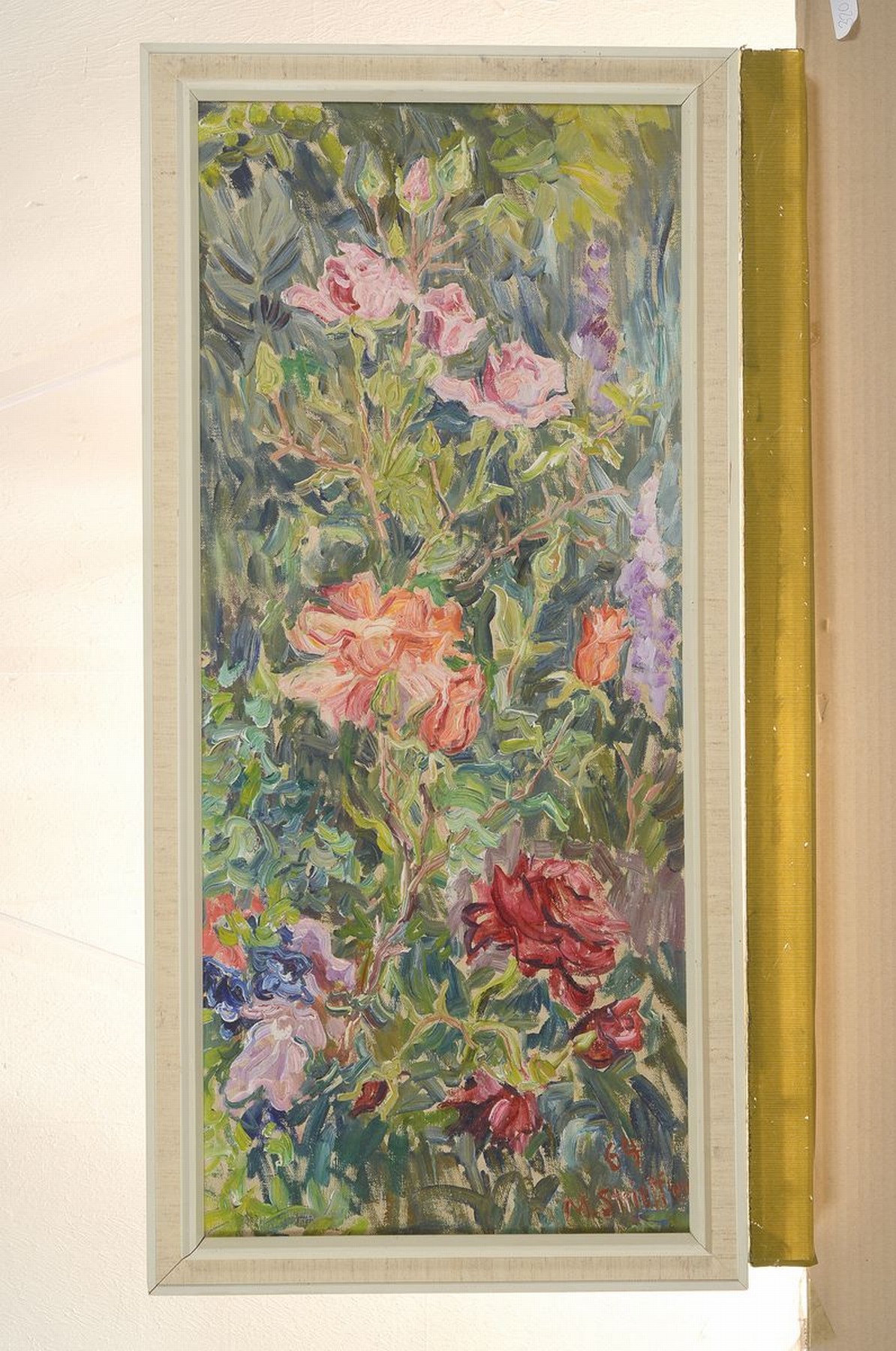 Detail k: Marie Strieffler, 1917-1987 Landau, Blumenstillleben, Öl/Hartfaser, rechts unten signiert und dat. 64, ca. 74x32cm, R. ca. 80x 38cm