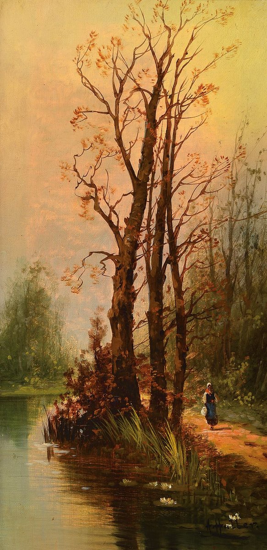 A. Huller, Maler der Düsseldorfer Schule, um 1890-1900, Bäuerin auf einem Weg am Ufer unter Bäumen, Abendstimmung, Öl/Lwd, rechts unten signiert, ...