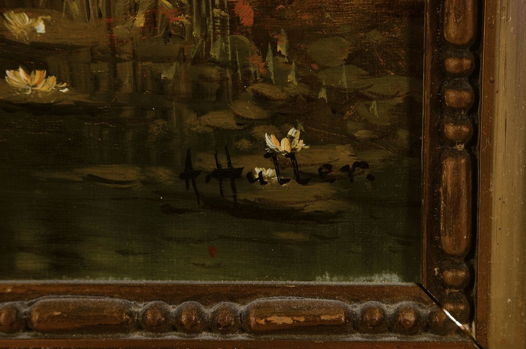 Detail a: A. Huller, Maler der Düsseldorfer Schule, um 1890-1900, Bäuerin auf einem Weg am Ufer unter Bäumen, Abendstimmung, Öl/Lwd, rechts unten signiert, ...
