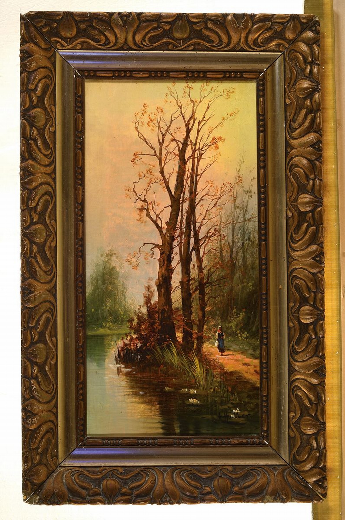 Detail k: A. Huller, Maler der Düsseldorfer Schule, um 1890-1900, Bäuerin auf einem Weg am Ufer unter Bäumen, Abendstimmung, Öl/Lwd, rechts unten signiert, ...