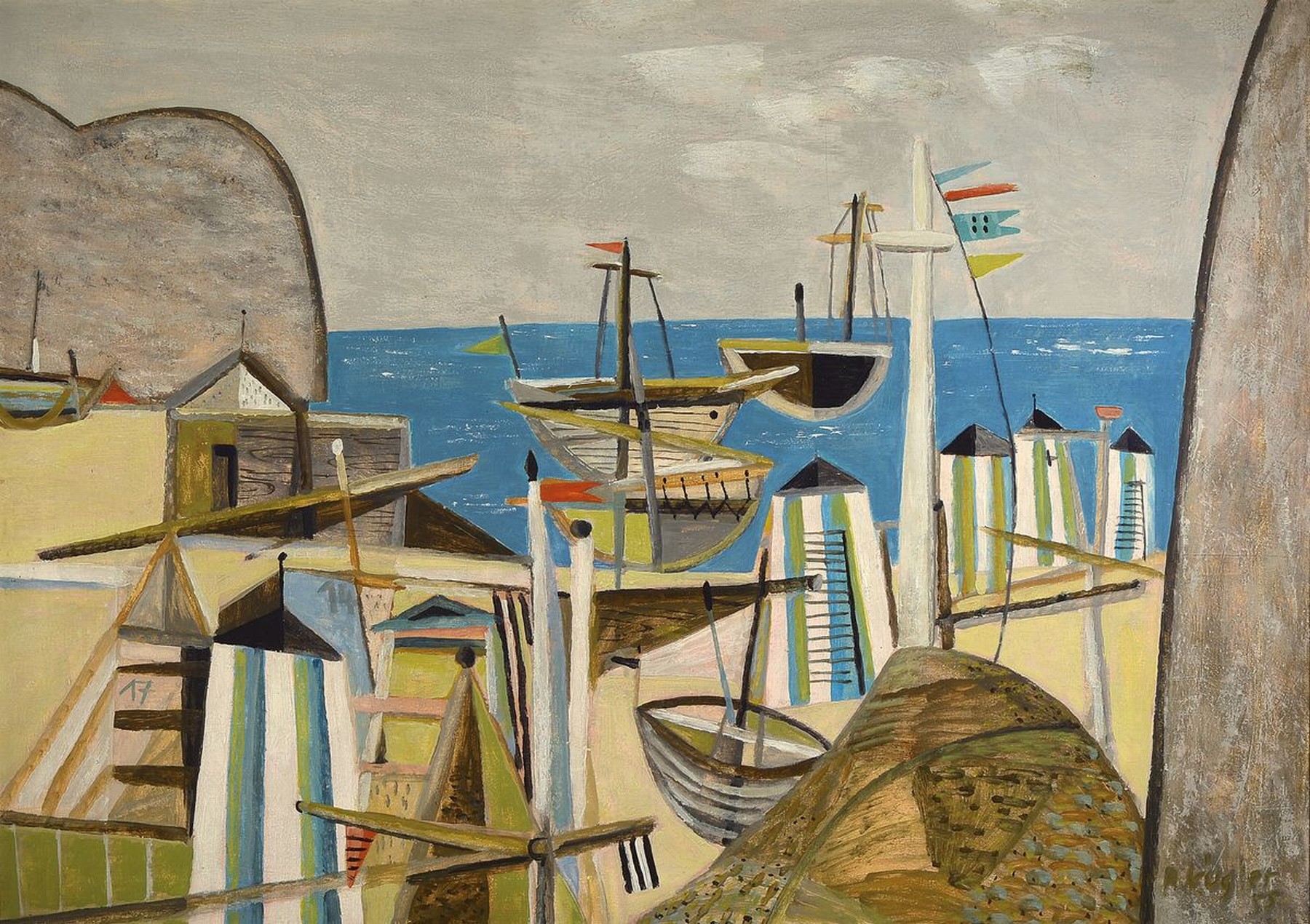 Rudolf Kügler, 1921-2013 Berlin, "Seebild", so rückseitig betitelt, Blick auf einen Hafen, Öl/Lwd, rechts unten signiert und dat. 55, ...